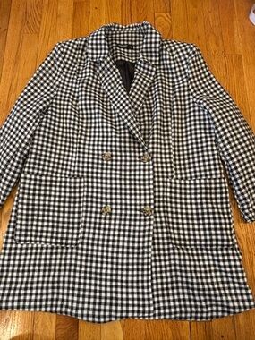 SHEIN Black and White Gingham Double-Breasted Oversized Blazer